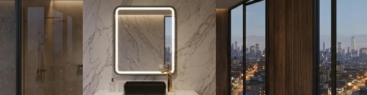 Espejo de baño con luz que crea un ambiente cálido.